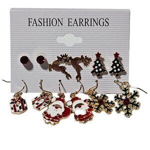 Holiday Themed Earrings Set Christmas Designs 6 Pairs Santa Claus Reindeer Party